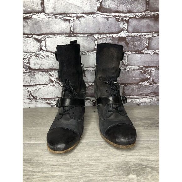 AllSaints Spitalfields Jacks Place Black Leather Zip Heel Strap Boots Women 38EU - Picture 16 of 16